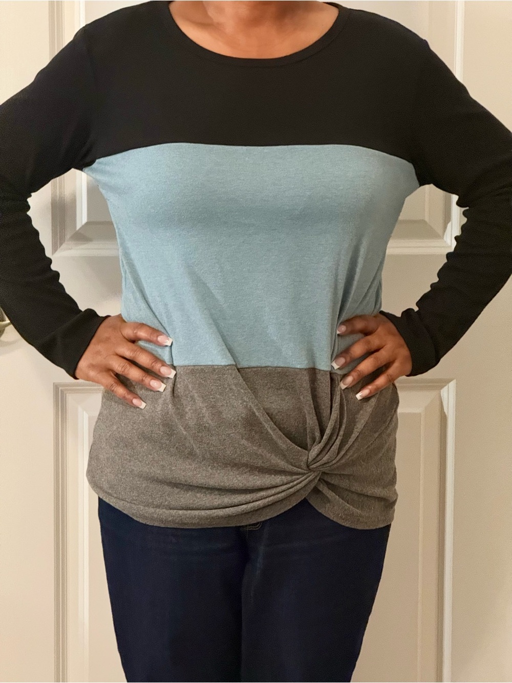 Colorblock Twist Front Long-Sleeve Top - Black, Light Blue & Gray